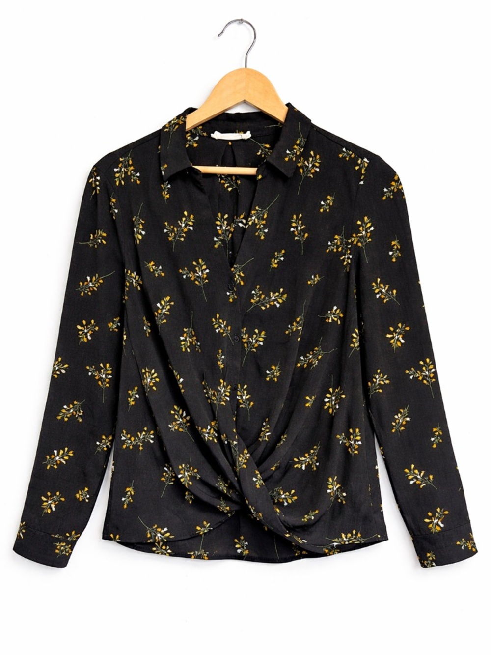 All In Favor Black Floral Twist Front Blouse Size L Long Sleeve Boho Top